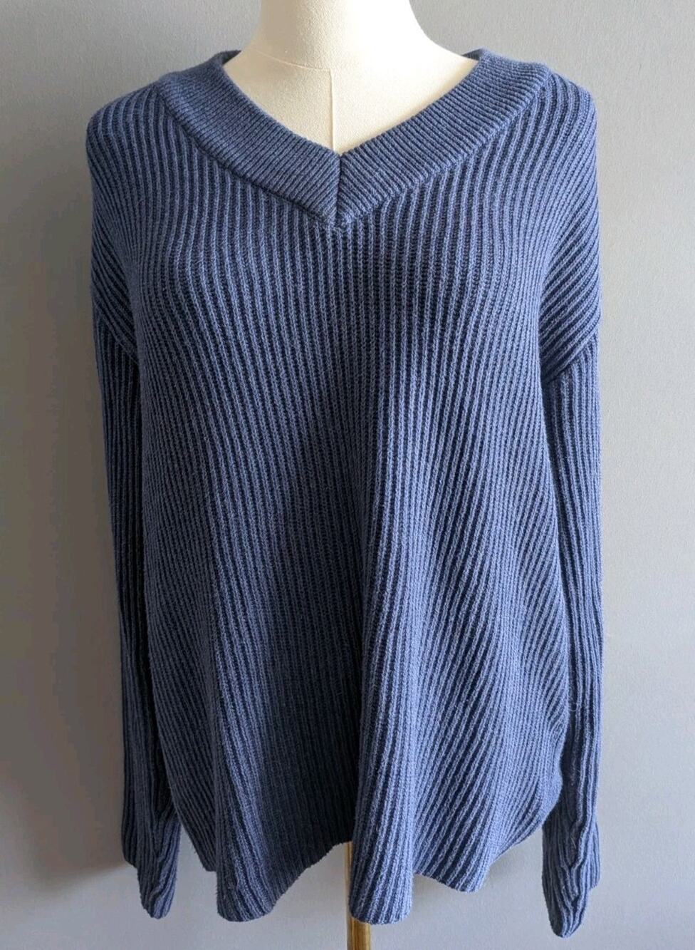 Pact Organic Cotton Sweater S Blue Rib Knit V Neck Sustainable Oversized Cozy
